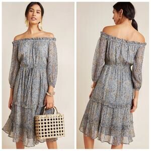 Anthropologie Kira Off-The-Shoulder Peasant Dress Size 00 Petite Floral Boho